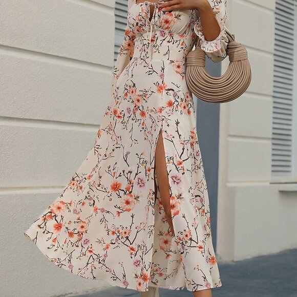 Apricot Boho Allover Floral Print Flounce Sleeve Knot Front Split Thigh Dr… - Picture 4 of 5